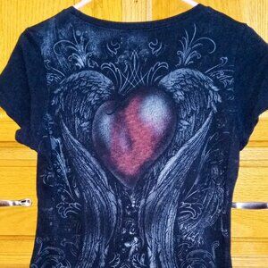 Cute Maurices Winged Heart Filigree Rhinestone Black T-Shirt Sz M Vintage 2000s
